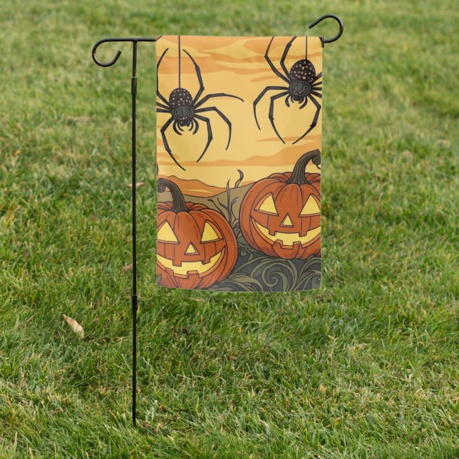 Spiders in A Jack O Lantern Field Art Nouveau Garden Flag (In SItu)