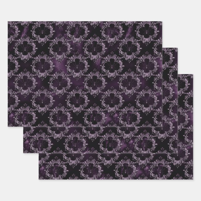Spiders in Ornate Frames on Purple Wrapping Paper Sheets (Set)