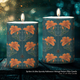 Spiders & Lilies Spooky Halloween Vintage Pattern Pillar Candle