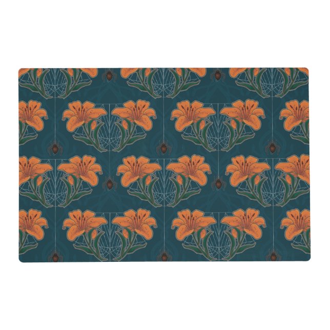 Spiders & Lilies Spooky Halloween Vintage Pattern Placemat (Front)