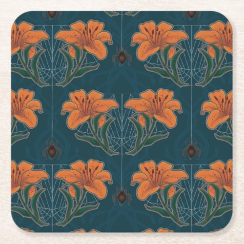 Spiders  Lilies Spooky Halloween Vintage Pattern Square Paper Coaster