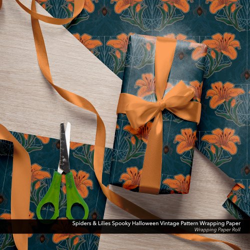 Spiders  Lilies Spooky Halloween Vintage Pattern Wrapping Paper