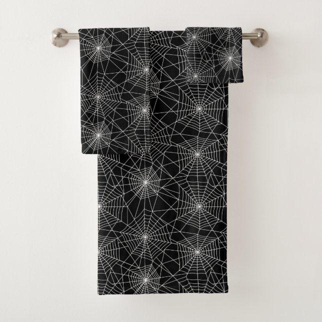Spiderweb Black and White Halloween Bath Towel Set (Insitu)