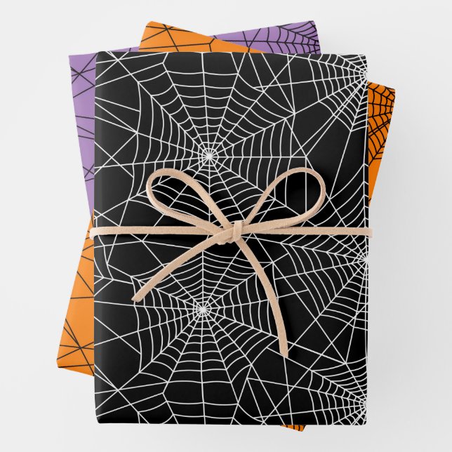Spiderweb Black and White Halloween Wrapping Paper Sheets (In situ)