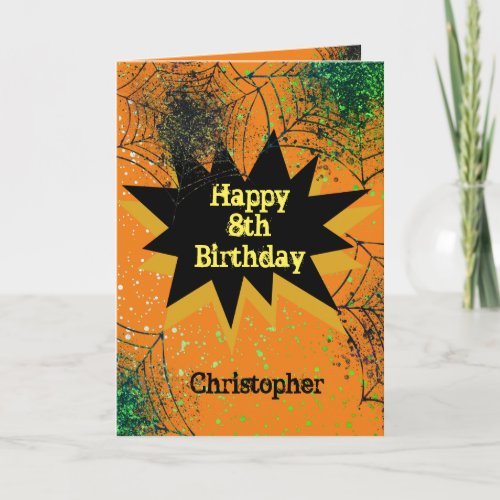 Spiderweb Black Orange Kids Halloween Birthday Card