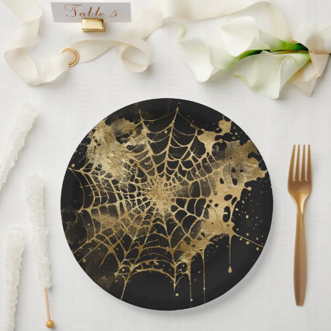 Spiderweb Elegance | Creepy Beautiful Gold Cobweb Paper Plates (Wedding)