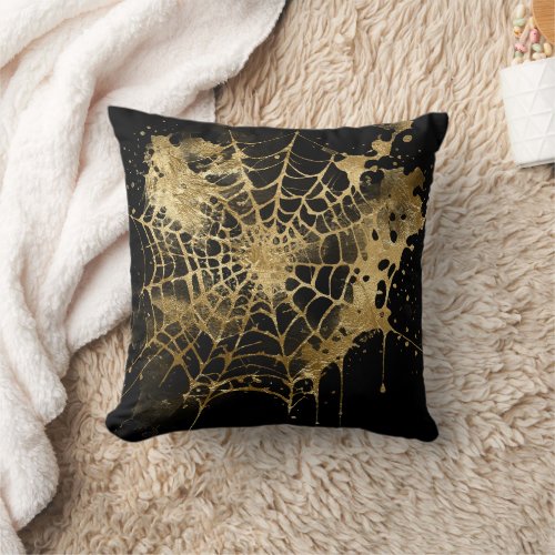 Spiderweb Elegance  Creepy Beautiful Gold Cobweb Throw Pillow