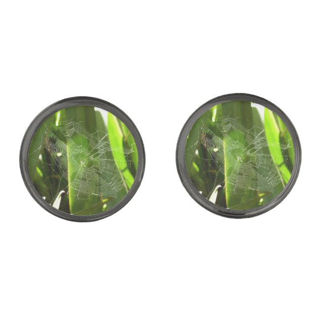 Spiderweb in Tropical Leaves Nature Cufflinks (Front)