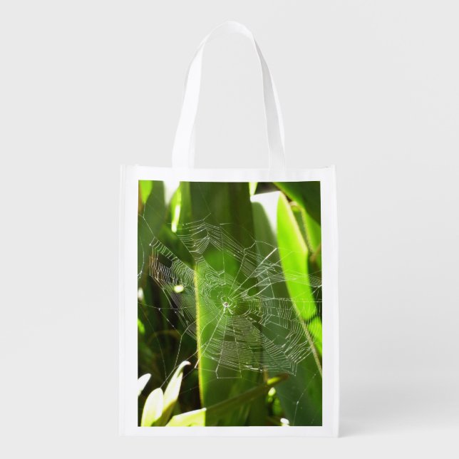 Spiderweb in Tropical Leaves Nature Grocery Bag (Front)