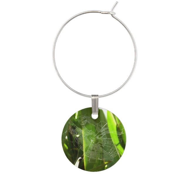 Spiderweb in Tropical Leaves Nature Wine Glass Charm (Front)