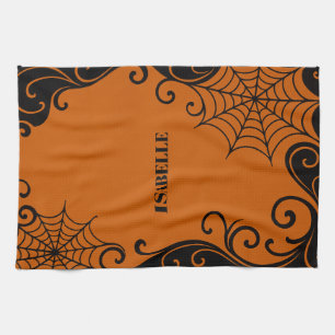 Spiderweb Ornament Orange Black halloween Kitchen Towel
