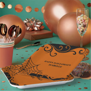 Spiderweb Ornament Orange Black halloween Paper Plates