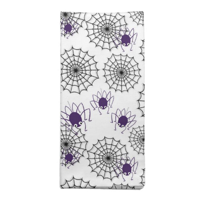Spiderweb & Purple Spiders Halloween White Pattern Cloth Napkin (Folded)