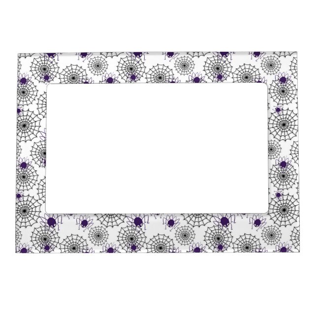 Spiderweb & Purple Spiders Halloween White Pattern Magnetic Frame (Front)