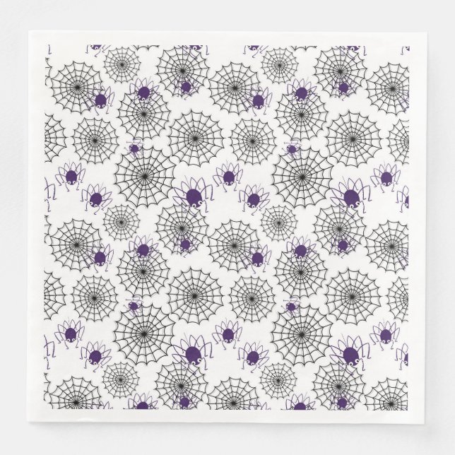 Spiderweb & Purple Spiders Halloween White Pattern Paper Dinner Napkins (Front)