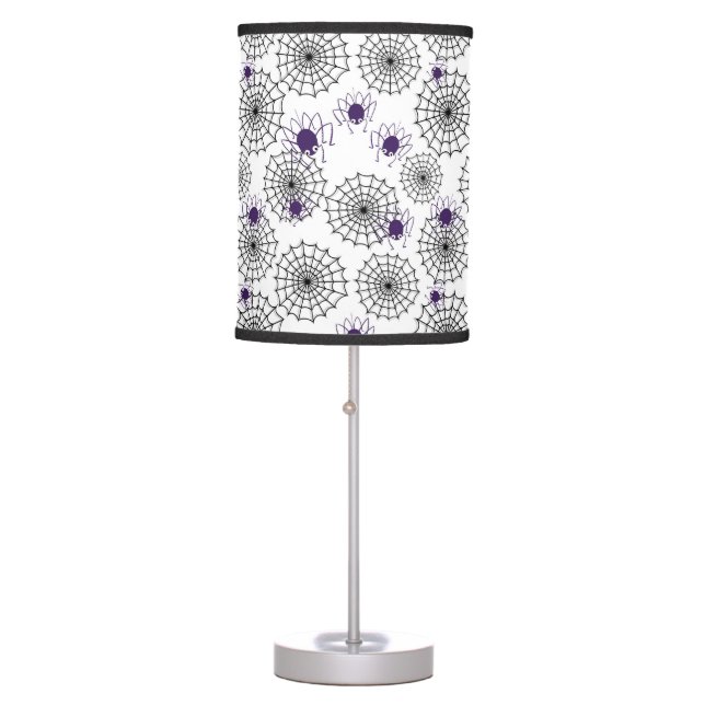 Spiderweb & Purple Spiders Halloween White Pattern Table Lamp (Front)