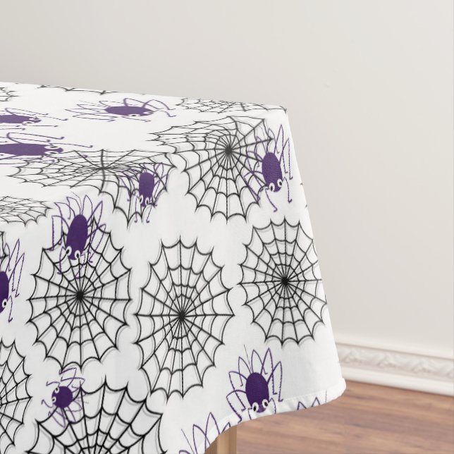 Spiderweb & Purple Spiders Halloween White Pattern Tablecloth (In Situ)