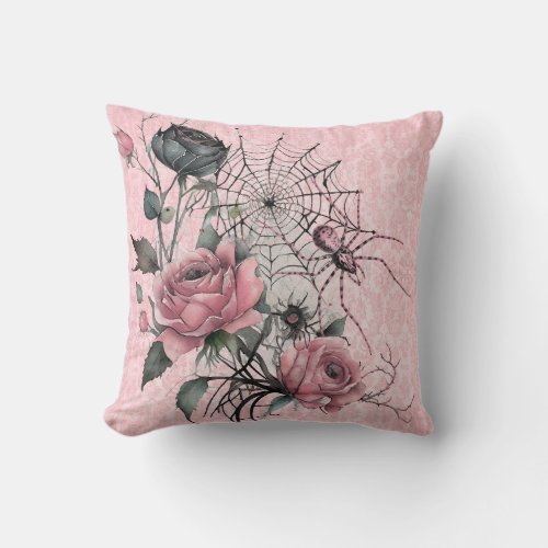 Spiderweb Roses  Pink Damask Gothic Halloween Throw Pillow