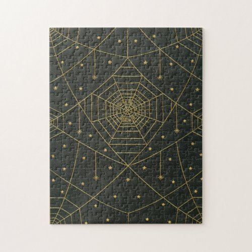 Spiderweb spider and stars black and gold jigsaw puzzle