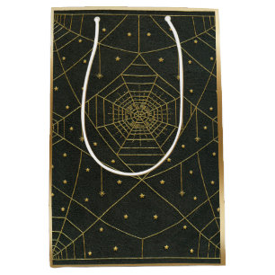 Spiderweb spider and stars black and gold medium gift bag