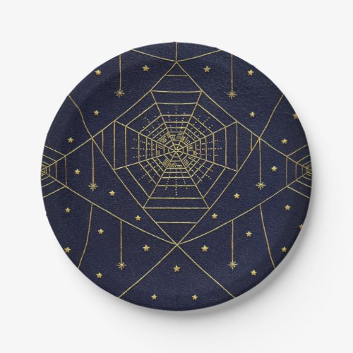 Spiderweb spider and stars black and gold paper plates
