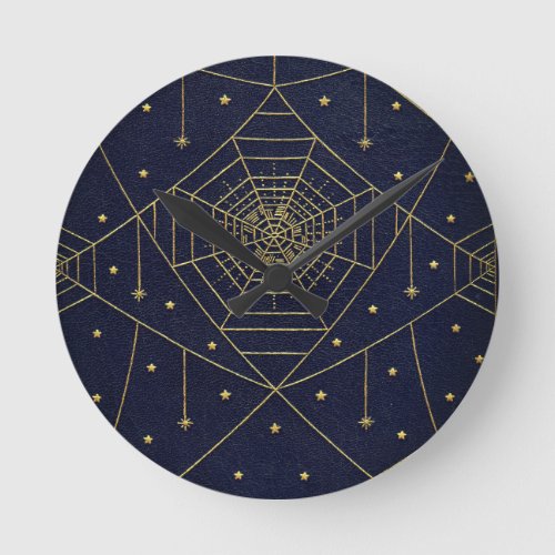 Spiderweb spider and stars black and gold round clock