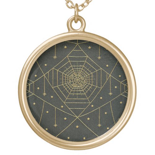 Spiderweb spider and stars black gold vintage  gold plated necklace