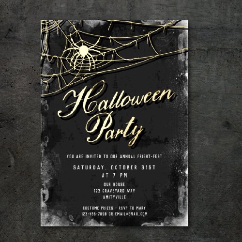 Spiderweb  Vintage Script Halloween Party Gold Foil Holiday Card