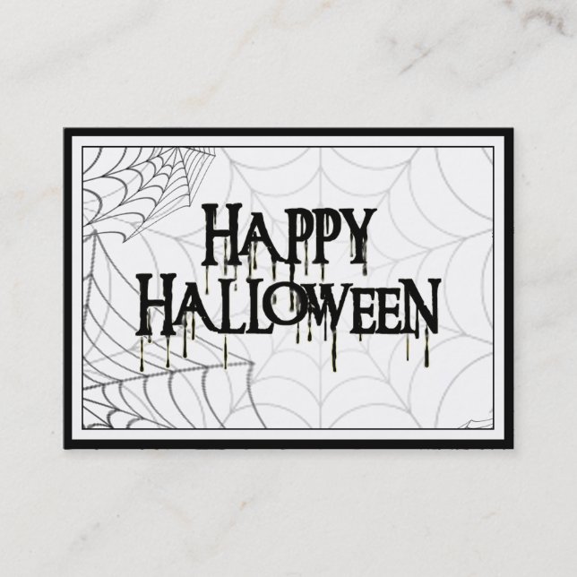 Spiderwebs And Happy Halloween Creepy Text Business Card (Front)