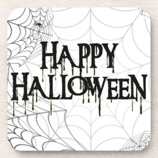 Spiderwebs And Happy Halloween Creepy Text Drink Coaster