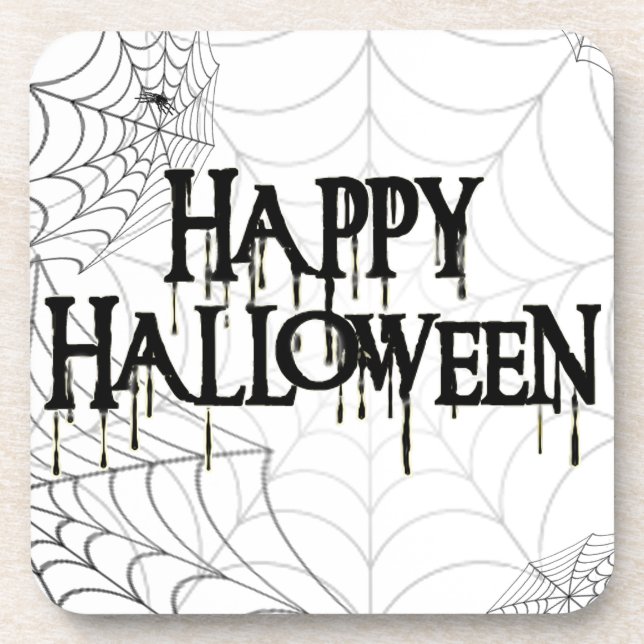 Spiderwebs And Happy Halloween Creepy Text Drink Coaster (Front)