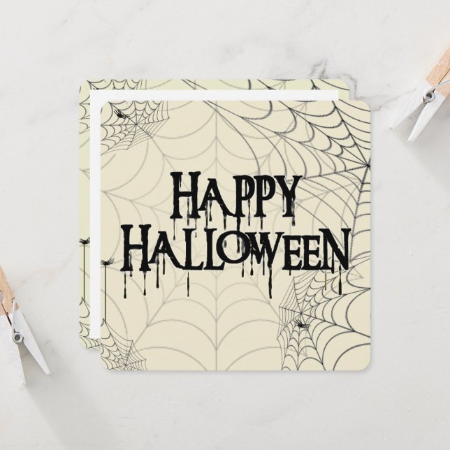 Spiderwebs And Happy Halloween Creepy Text Invitation (Front/Back In Situ)