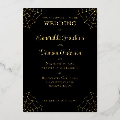 Spiderwebs Black and Gold Gothic Wedding Foil Invitation