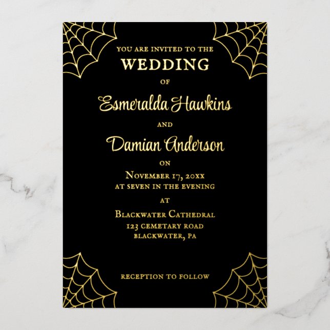 Spiderwebs Black and Gold Gothic Wedding Foil Invitation (Front)