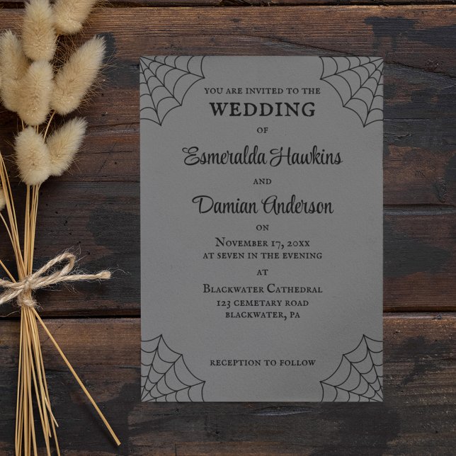Spiderwebs Black and Gray Gothic Wedding Invitation (Creator Uploaded)