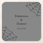 Spiderwebs Black and Gray Gothic Wedding Square Paper Coaster<br><div class="desc">With black spiderweb accents this paper coaster is perfect for gothic weddings or Halloween themed events. It's ready to be personalized with the names of the bride and groom and their wedding date. The black text and graphics are set against a gray colored background.</div>