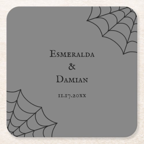 Spiderwebs Black and Gray Gothic Wedding Square Paper Coaster