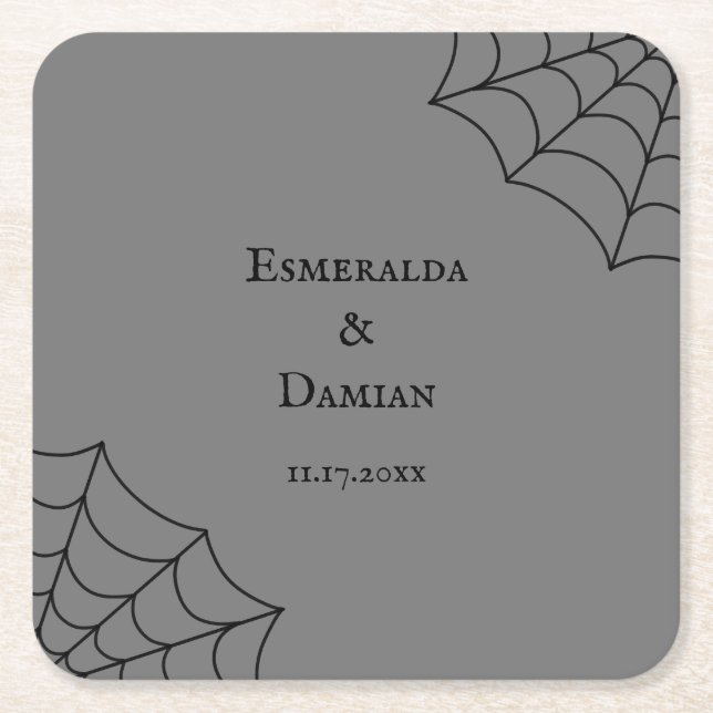 Spiderwebs Black and Gray Gothic Wedding Square Paper Coaster (Front)