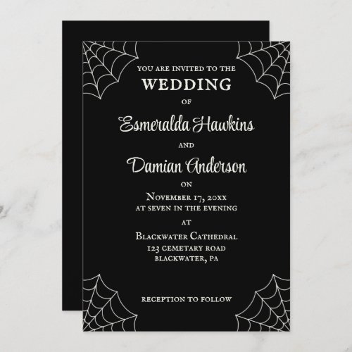 Spiderwebs Black and White Gothic Wedding Invitation