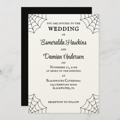 Spiderwebs Black and White Gothic Wedding Invitation