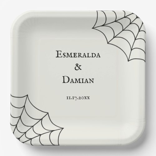 Spiderwebs Black and White Gothic Wedding Paper Plates