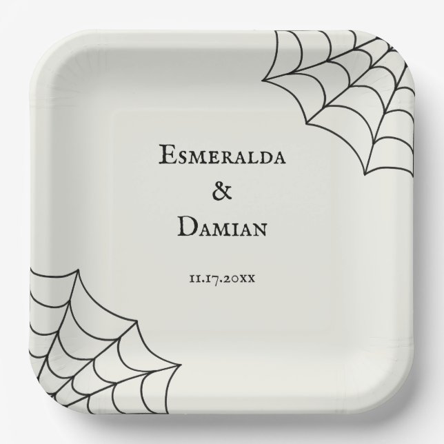 Spiderwebs Black and White Gothic Wedding Paper Plates (Front)