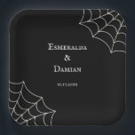 Spiderwebs Black and White Gothic Wedding Paper Plates<br><div class="desc">With ecru colored spiderweb accents this paper plate is perfect for gothic weddings or Halloween themed events. It's ready to be personalized with the names of the bride and groom and their wedding date. The ecru or eggshell white text and graphics are set against a black background.</div>