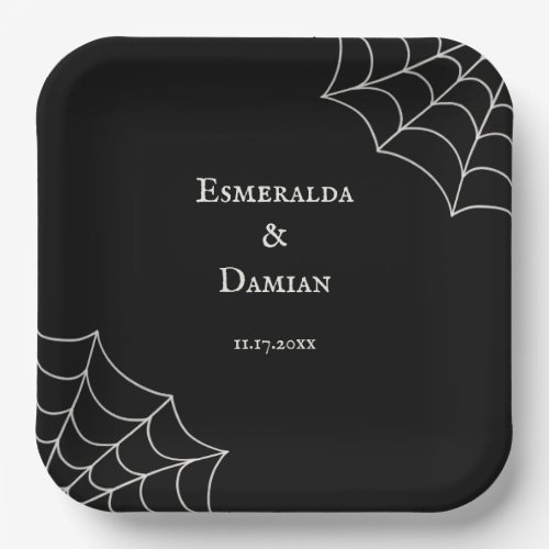 Spiderwebs Black and White Gothic Wedding Paper Plates