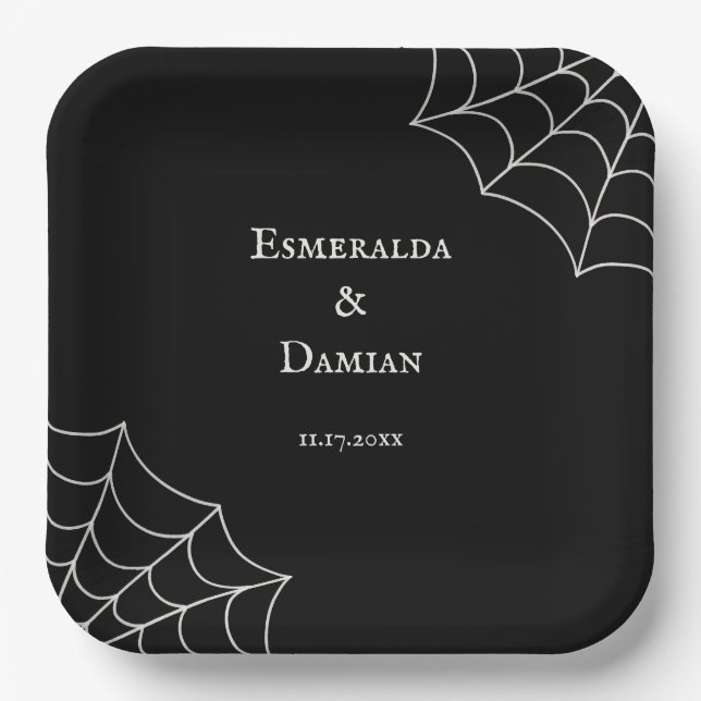 Spiderwebs Black and White Gothic Wedding Paper Plates (Front)