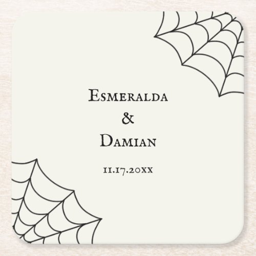 Spiderwebs Black and White Gothic Wedding Square Paper Coaster