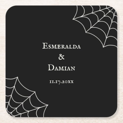Spiderwebs Black and White Gothic Wedding Square Paper Coaster