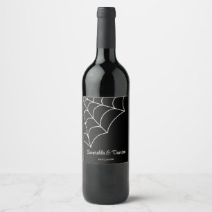 Spiderwebs Black and White Gothic Wedding Wine Label