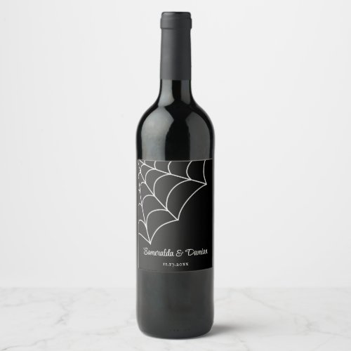 Spiderwebs Black and White Gothic Wedding Wine Label