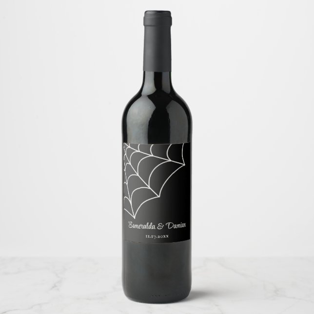 Spiderwebs Black and White Gothic Wedding Wine Label (Front)